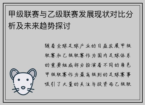 甲级联赛与乙级联赛发展现状对比分析及未来趋势探讨