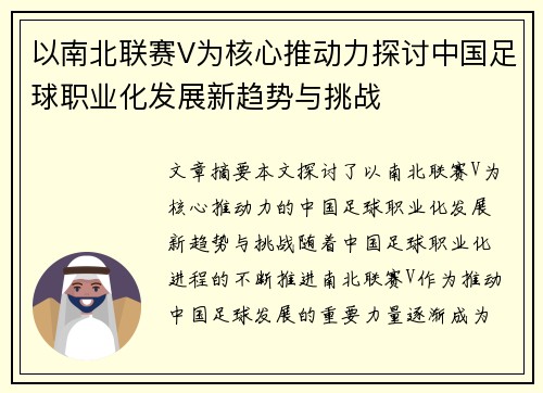 以南北联赛V为核心推动力探讨中国足球职业化发展新趋势与挑战