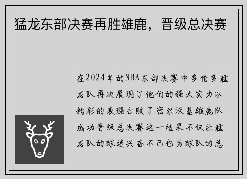 猛龙东部决赛再胜雄鹿，晋级总决赛